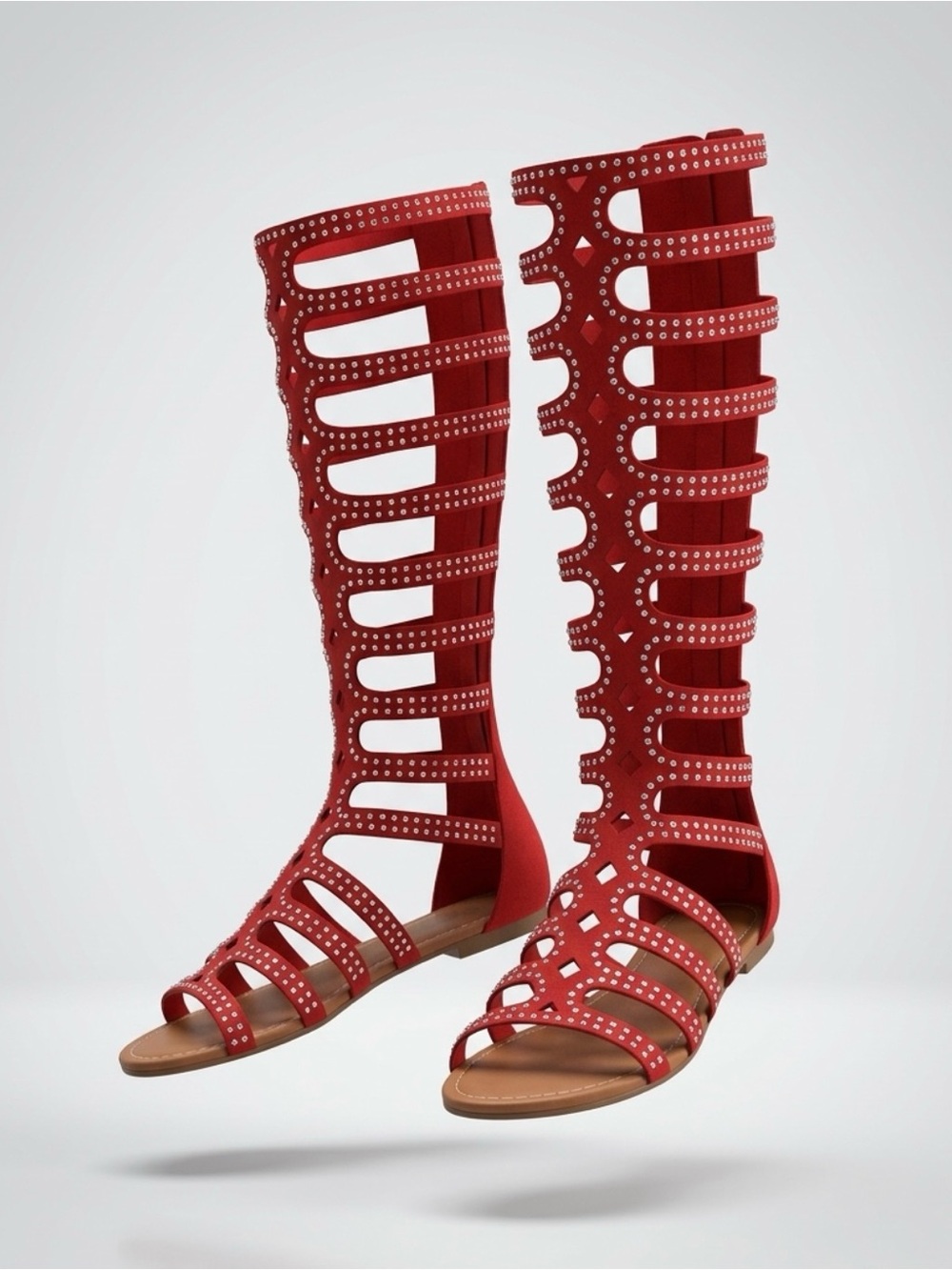Knee-High Red Studded Gladiator Sandals for Women